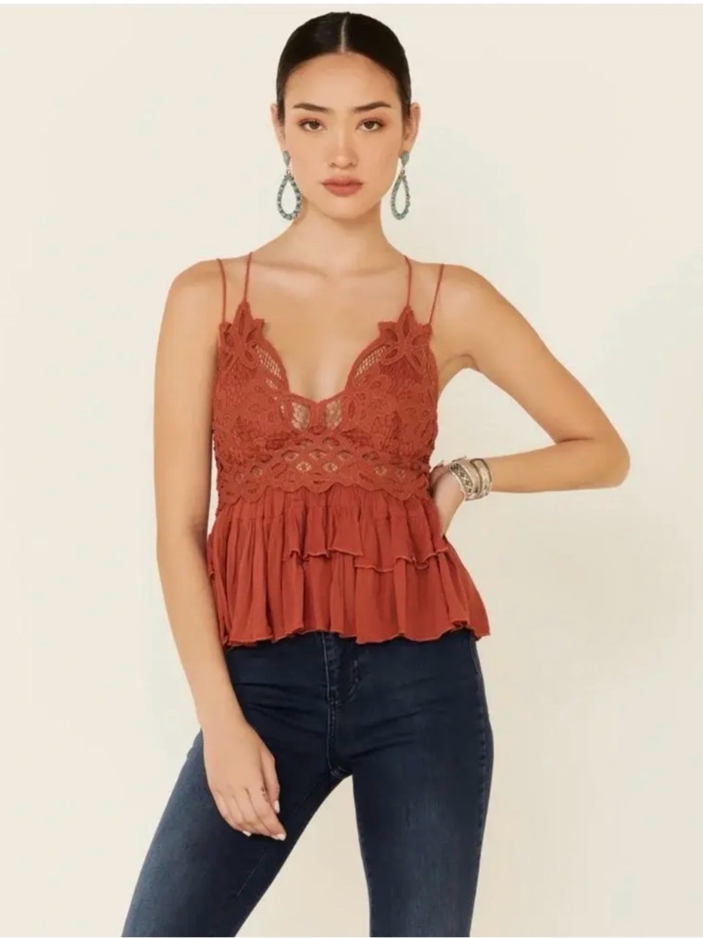 Free People - Adella Lace Ruffle Cami - Rust Orange Size M